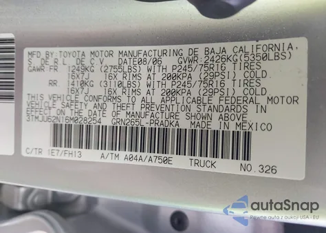 2006 Toyota Tacoma Prerunner V6 from USA, damaged, VIN 3TMJU62N16M028254